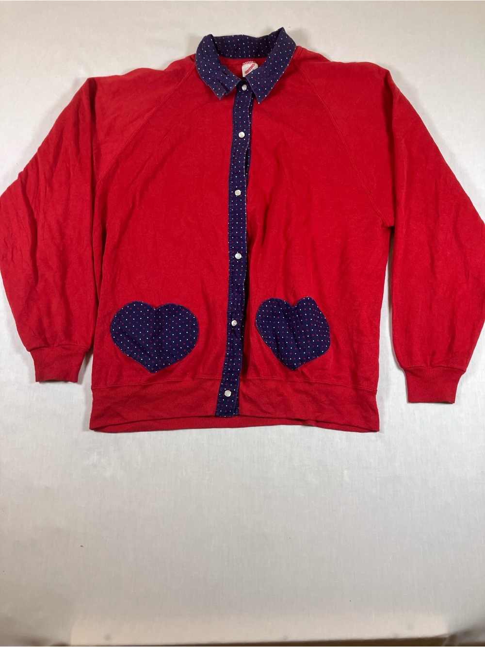 Vintage Jerzees Red Button-Up Top with Navy Heart Accents